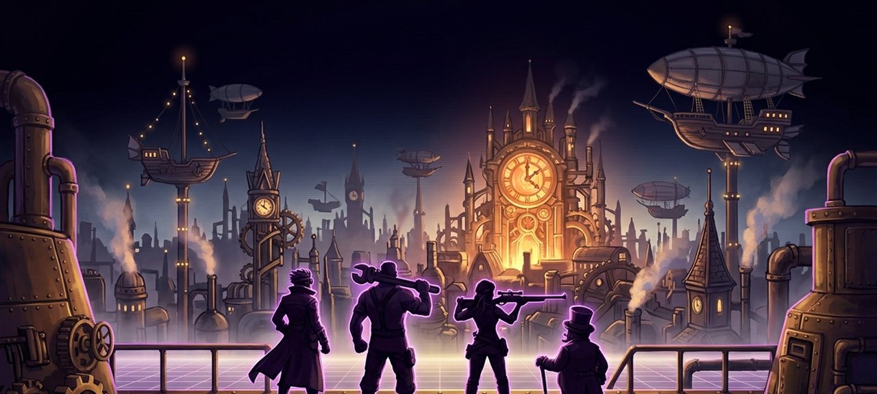 STEAMLIGHT: cidade steampunk de engrenagens e dirigíveis vista de uma passarela