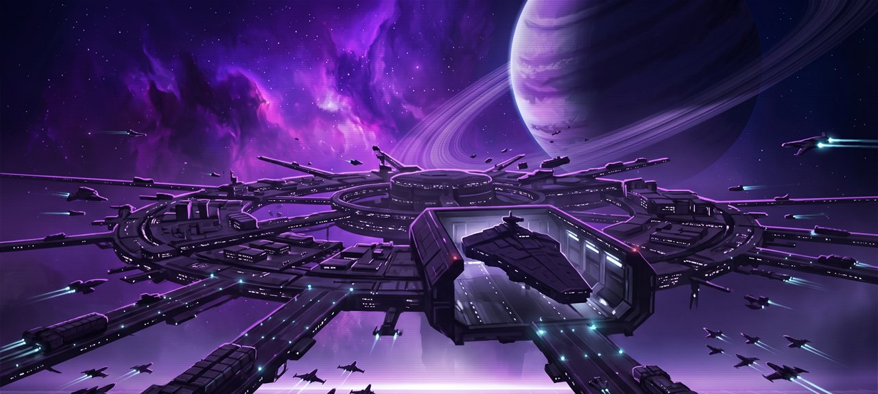 VOIDMARCH: estação orbital com frotas de naves partindo, nebulosa ao fundo